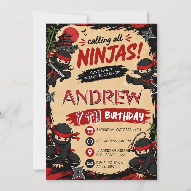 Invitación de cumpleaños personalizada de Ninja Sa (Anverso)
