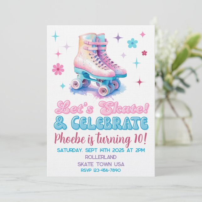 Invitación de cumpleaños personalizada de patines  (Anverso de pie)