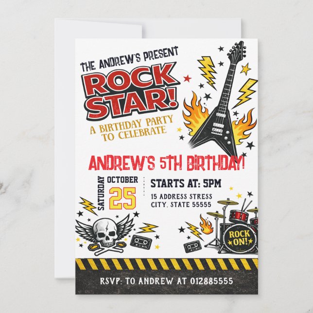 Invitación de cumpleaños personalizada de Rockstar (Anverso)