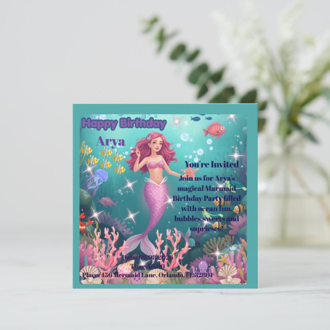 Invitación de cumpleaños personalizada de sirena (Anverso de pie)