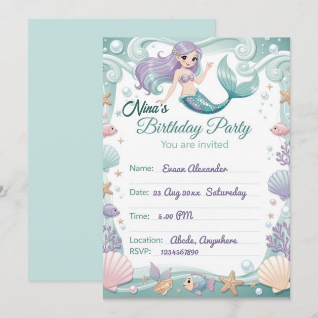 Invitación de cumpleaños personalizada de sirena (Anverso / Reverso)