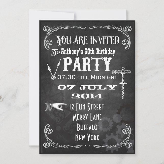 Invitación de cumpleaños personalizada de Steampun (Anverso)