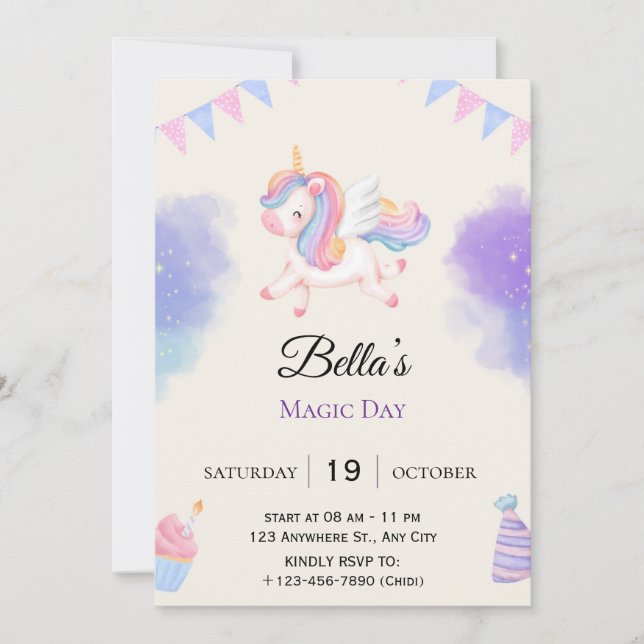 Invitación de Cumpleaños Personalizada de Unicorni (Anverso)