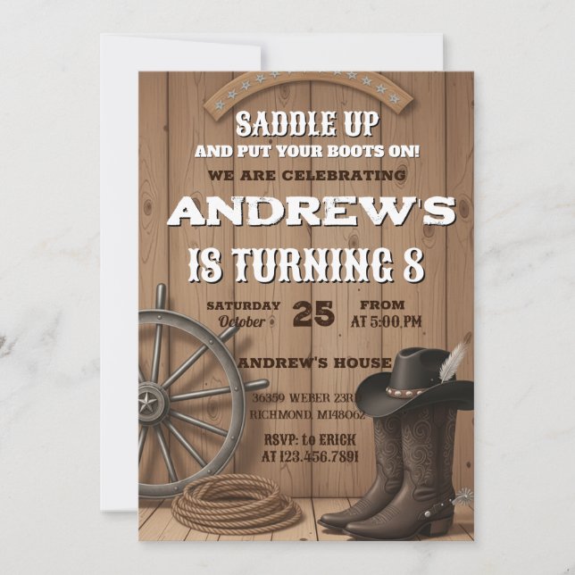 Invitación de cumpleaños personalizada de vaquero  (Anverso)