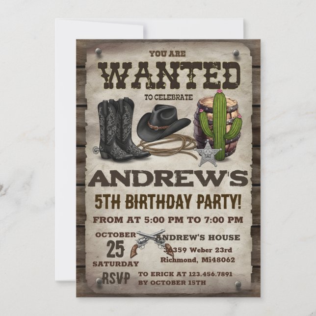 Invitación de cumpleaños personalizada de vaquero  (Anverso)