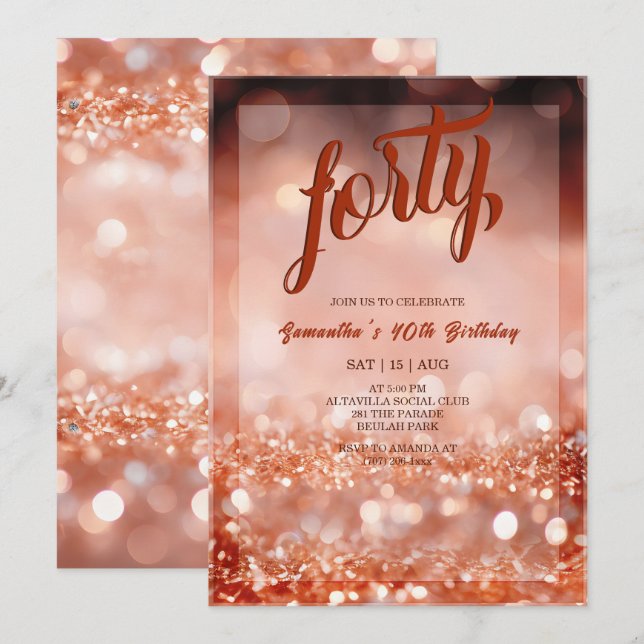 Invitación de cumpleaños personalizada en oro rosa (Anverso / Reverso)