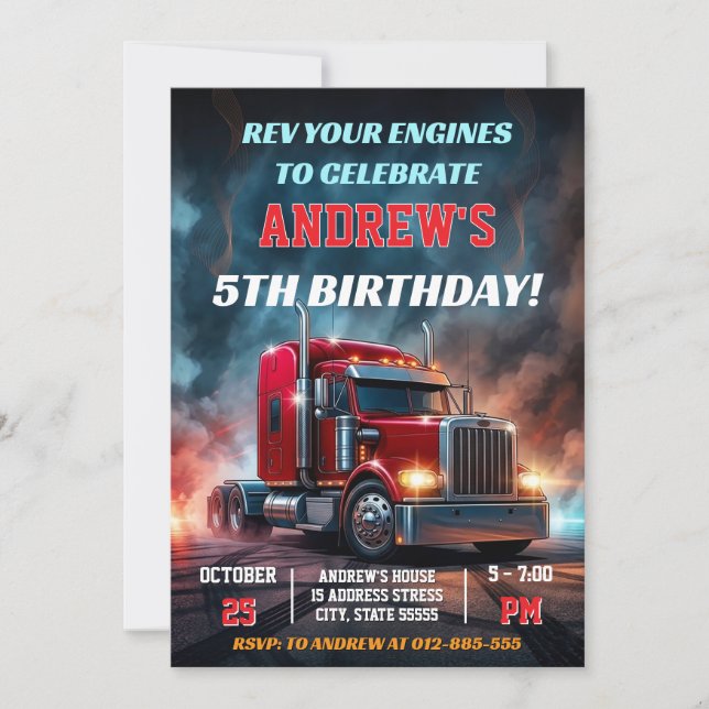Invitación de Cumpleaños Personalizada para Camión (Anverso)