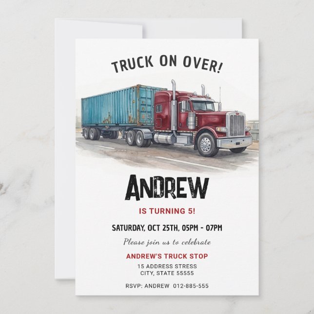 Invitación de cumpleaños personalizada para camión (Anverso)