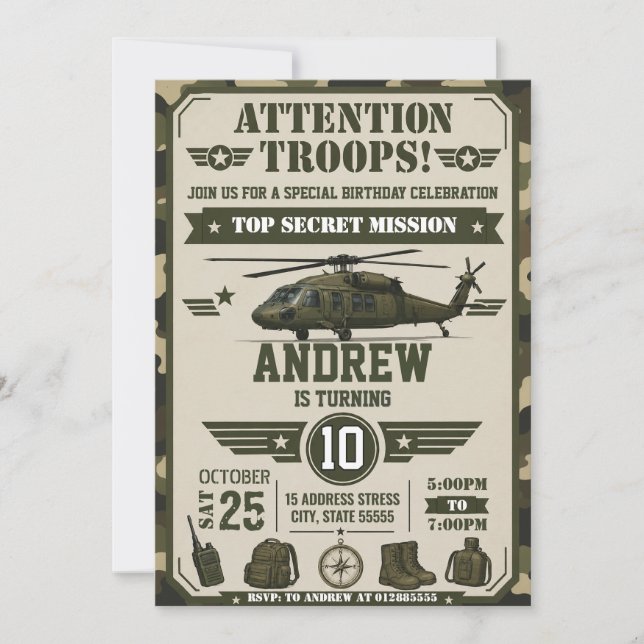 Invitación de cumpleaños personalizada para soldad (Anverso)