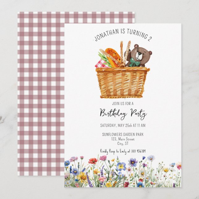 Invitación de cumpleaños picnic primavera rosada d (Anverso / Reverso)