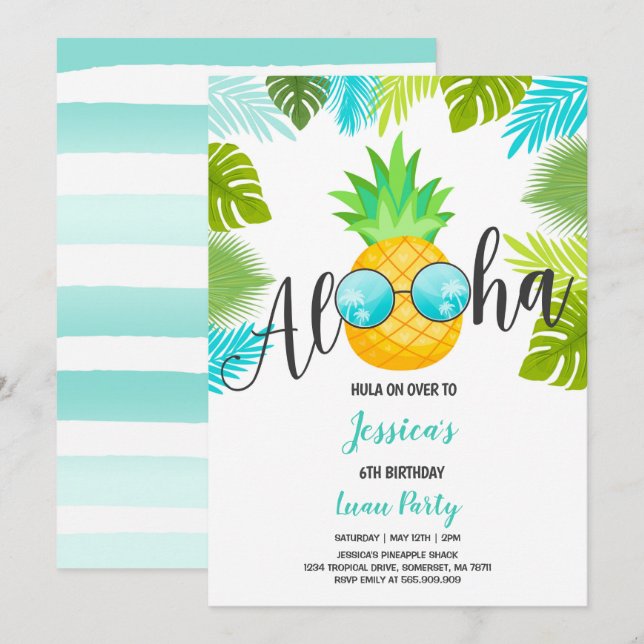 Invitación de cumpleaños Piña Hawai Luau (Anverso / Reverso)