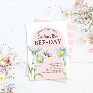 Invitación de cumpleaños Pink Bee-Day con margarit