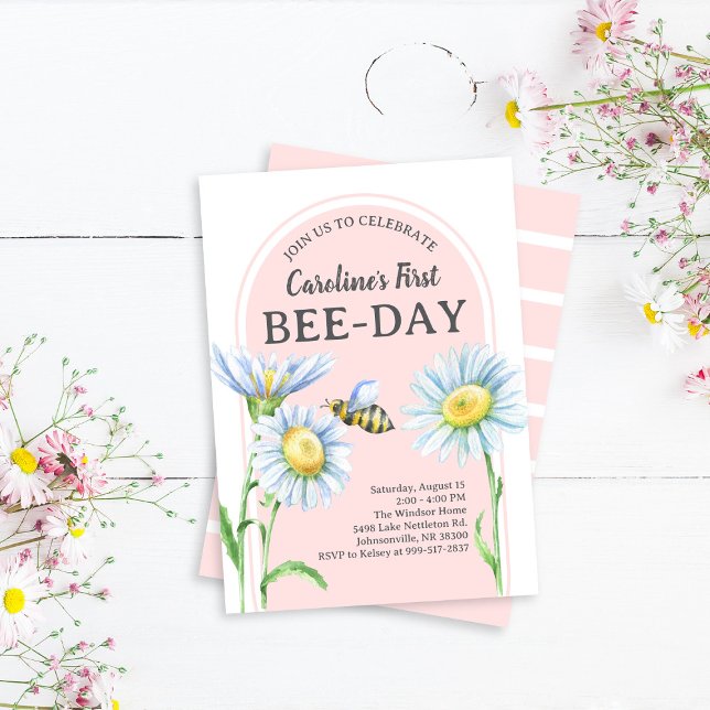 Invitación de cumpleaños Pink Bee-Day con margarit (Subido por el creador)
