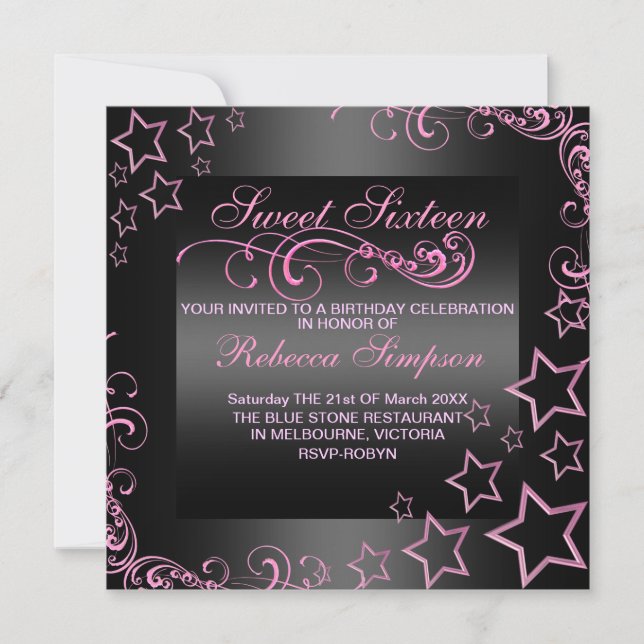 Invitación de cumpleaños Pink/Black Sweet16 Star & (Anverso)