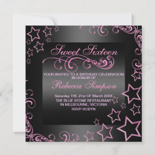 Invitación de cumpleaños Pink/Black Sweet16 Star &
