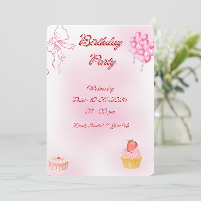 Invitación de Cumpleaños Pink Coquette con Lazos L (Anverso de pie)