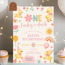Invitación de cumpleaños Pink Girl One Lucky Duck