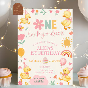 Invitación de cumpleaños Pink Girl One Lucky Duck
