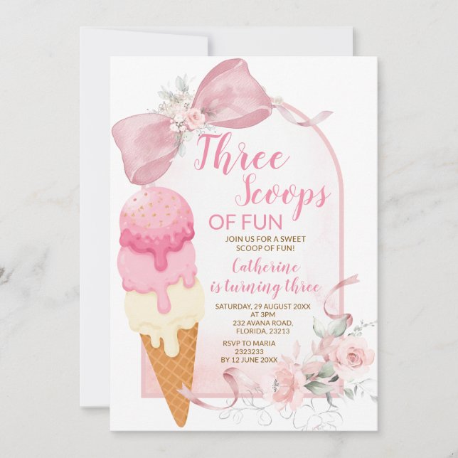 Invitación de cumpleaños Pink Ivory Three Scoops o (Anverso)