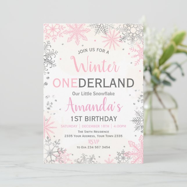 Invitación de cumpleaños Pink Silver Winter ONEder (Anverso de pie)