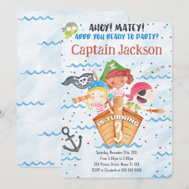 Invitación de cumpleaños pirata (Anverso / Reverso)