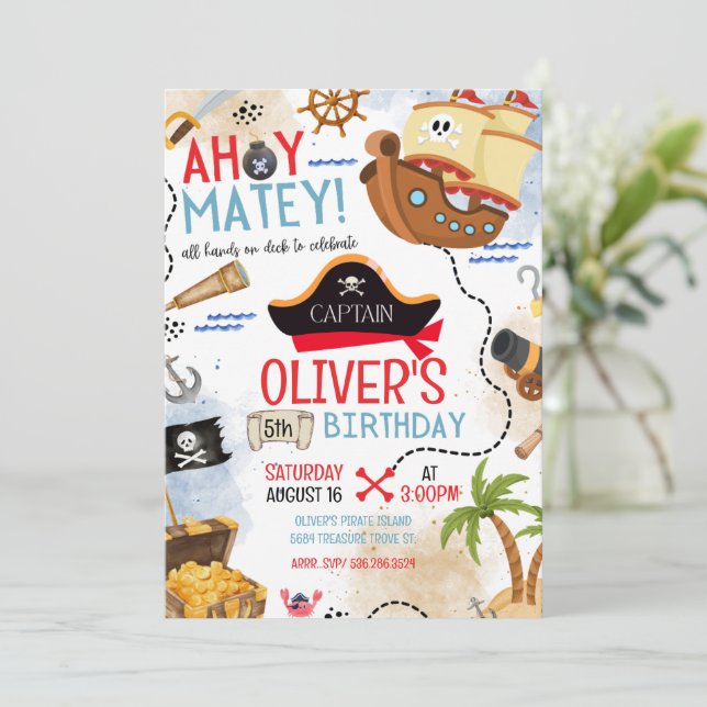 Invitación de cumpleaños pirata Ahoy Matey para ni (Anverso de pie)