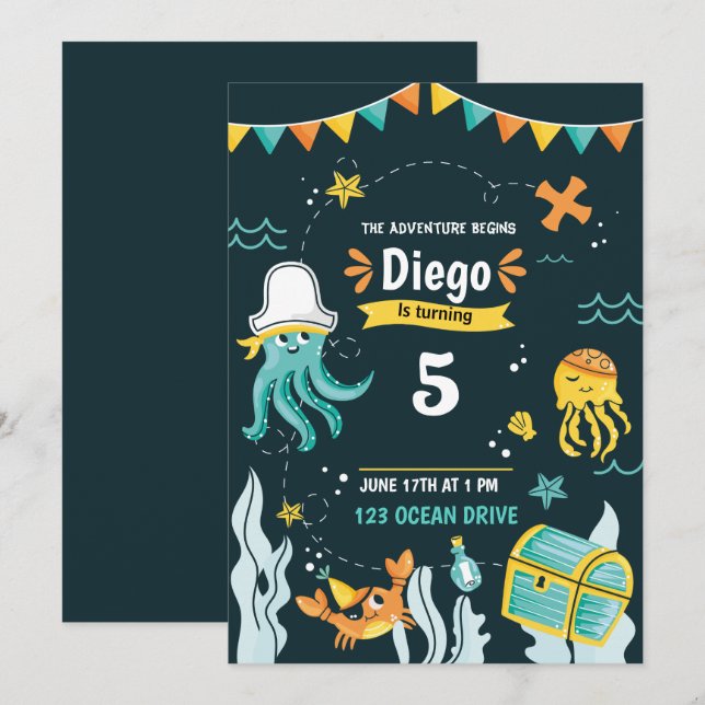 Invitación de cumpleaños pirata bajo el mar (Anverso / Reverso)