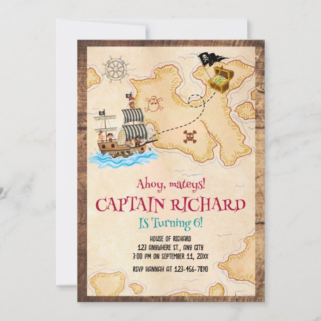 Invitación de cumpleaños pirata, cumpleaños de bús (Anverso)