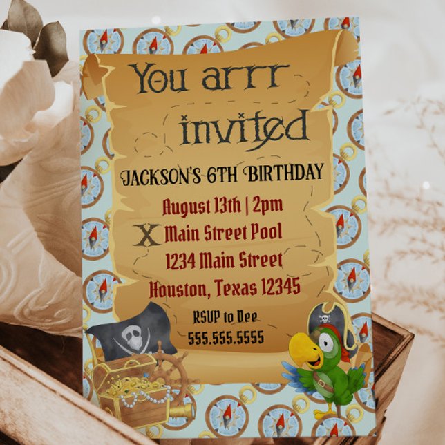 Invitación de cumpleaños pirata "estás invitado" (pirate birthday party invitation map, treasure chest, parrot children's birthday party)