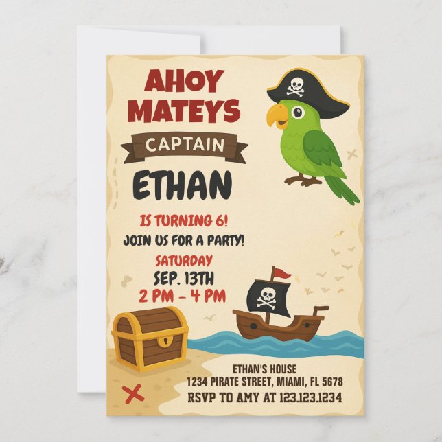 Invitación de cumpleaños pirata moderna (Anverso)