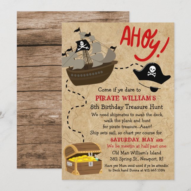 INVITACIÓN DE CUMPLEAÑOS PIRATA PARA CUALQUIER EDA (Anverso / Reverso)