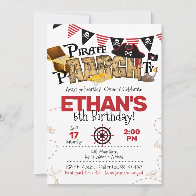 Invitación de cumpleaños pirata para Fiesta pirata (Anverso)