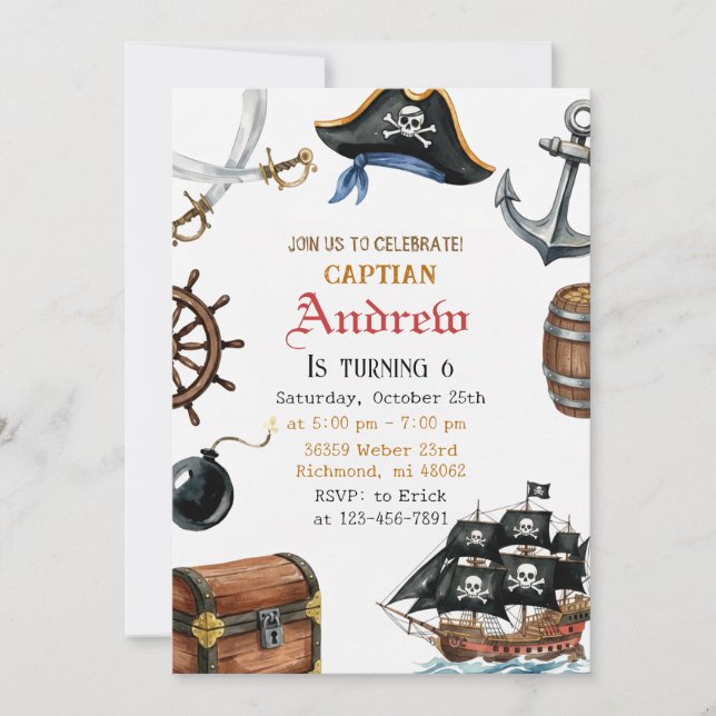 Invitación de cumpleaños pirata personalizada para (Anverso)