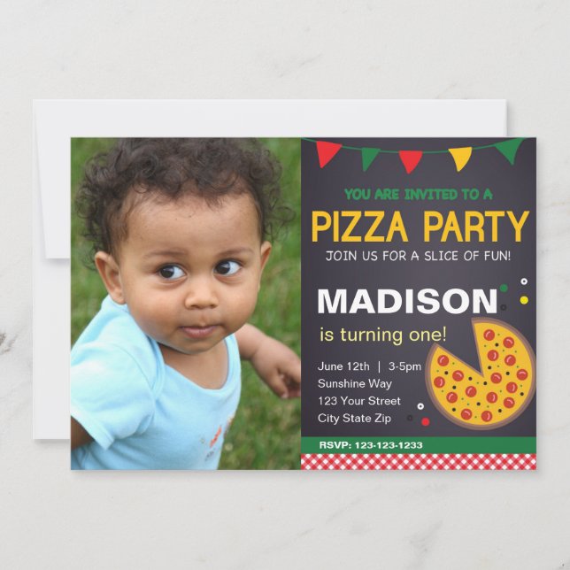 Invitación de cumpleaños Pizza con foto (Anverso)