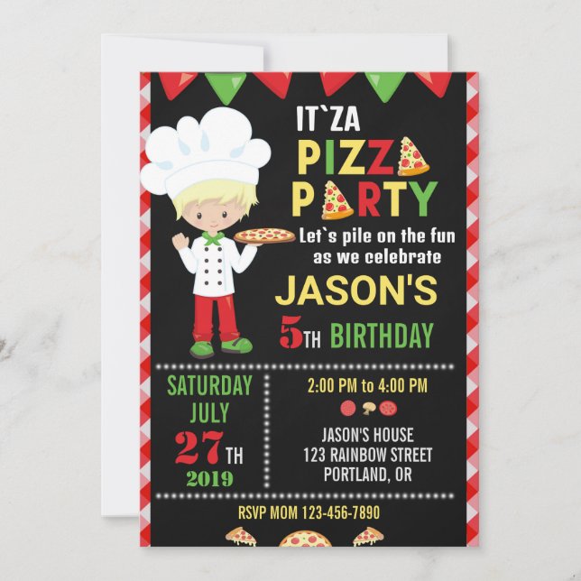 Invitación de cumpleaños Pizza fiesta de cocina (Anverso)