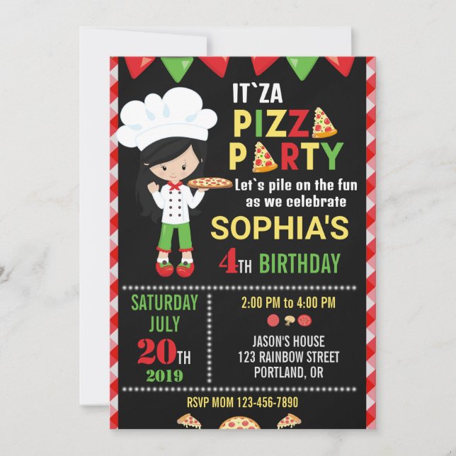 Invitación de cumpleaños Pizza haciendo fiesta (Anverso)