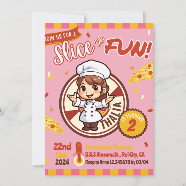 Invitación de cumpleaños Pizza Moderna Rosa (Anverso)