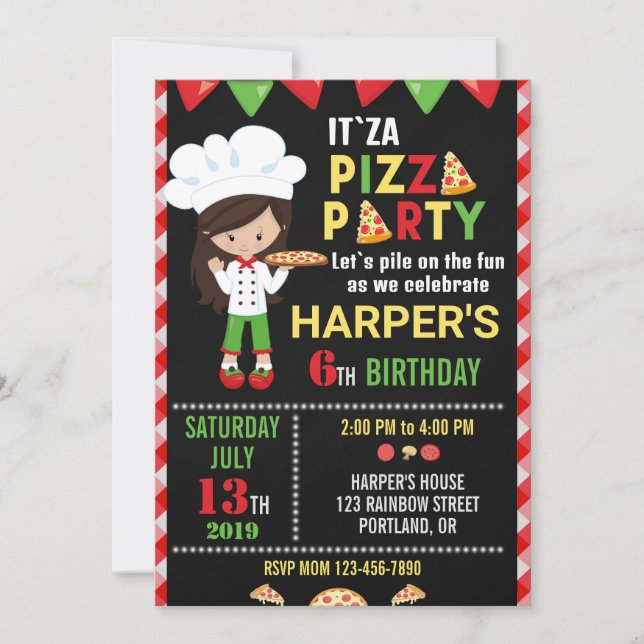 Invitación de cumpleaños pizzería fiesta de cumple (Anverso)