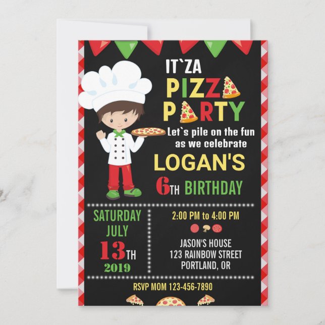 Invitación de cumpleaños pizzería fiesta de cumple (Anverso)