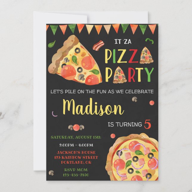 Invitación de cumpleaños pizzería fiesta de cumple (Anverso)