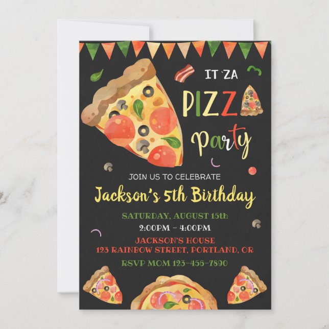 Invitación de cumpleaños pizzería fiesta de cumple (Anverso)