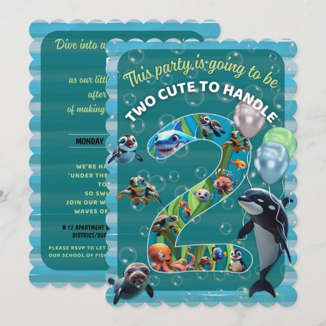 Invitación de cumpleaños plana con festón 2Cute2Ha (Anverso / Reverso)