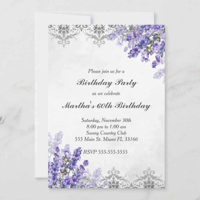 Invitación de cumpleaños plata de lavanda floral (Anverso)