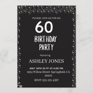 Invitación de cumpleaños plateada con letra negra 