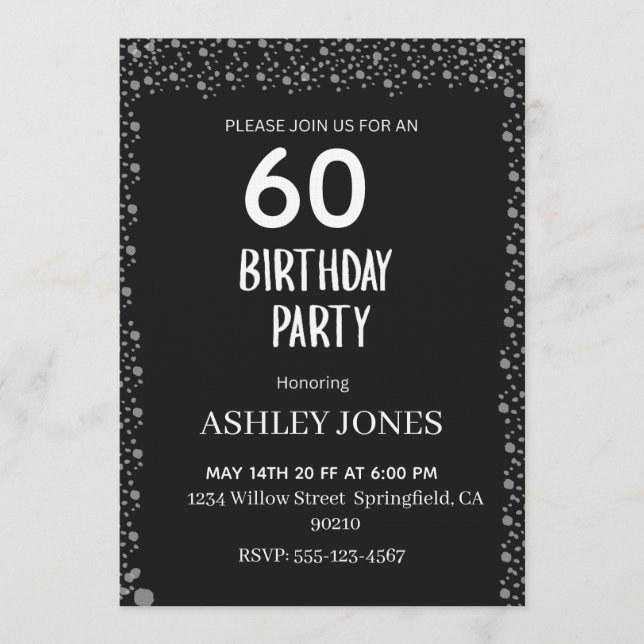 Invitación de cumpleaños plateada con letra negra  (Anverso)