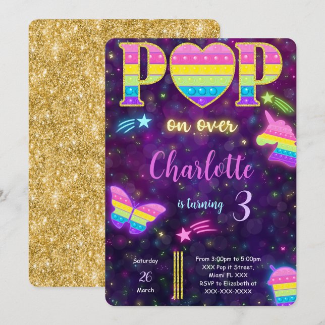 Invitación de cumpleaños Pop it editable (Anverso / Reverso)