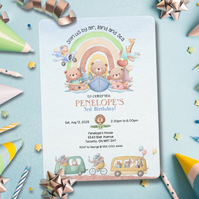 Invitación de cumpleaños por aire, tierra y mar (Calling everyone, whether by land, air or sea – perfect invite for kids' birthdays!"






)