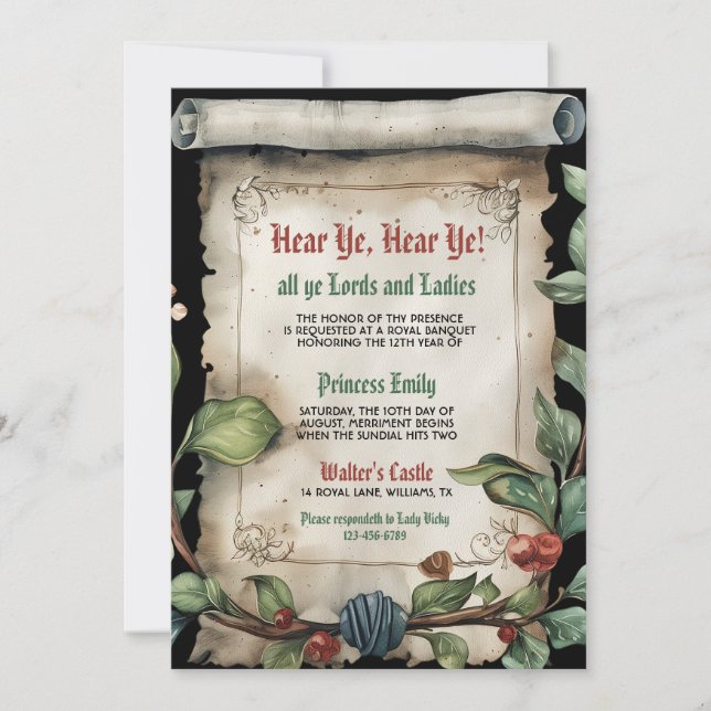 Invitación de cumpleaños por decreto real medieval (Anverso)