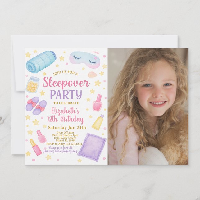 Invitación de cumpleaños por moda Sleepover con fo (Anverso)