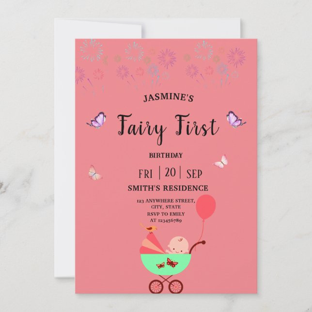 Invitación de cumpleaños primera de hada rosa (Anverso)